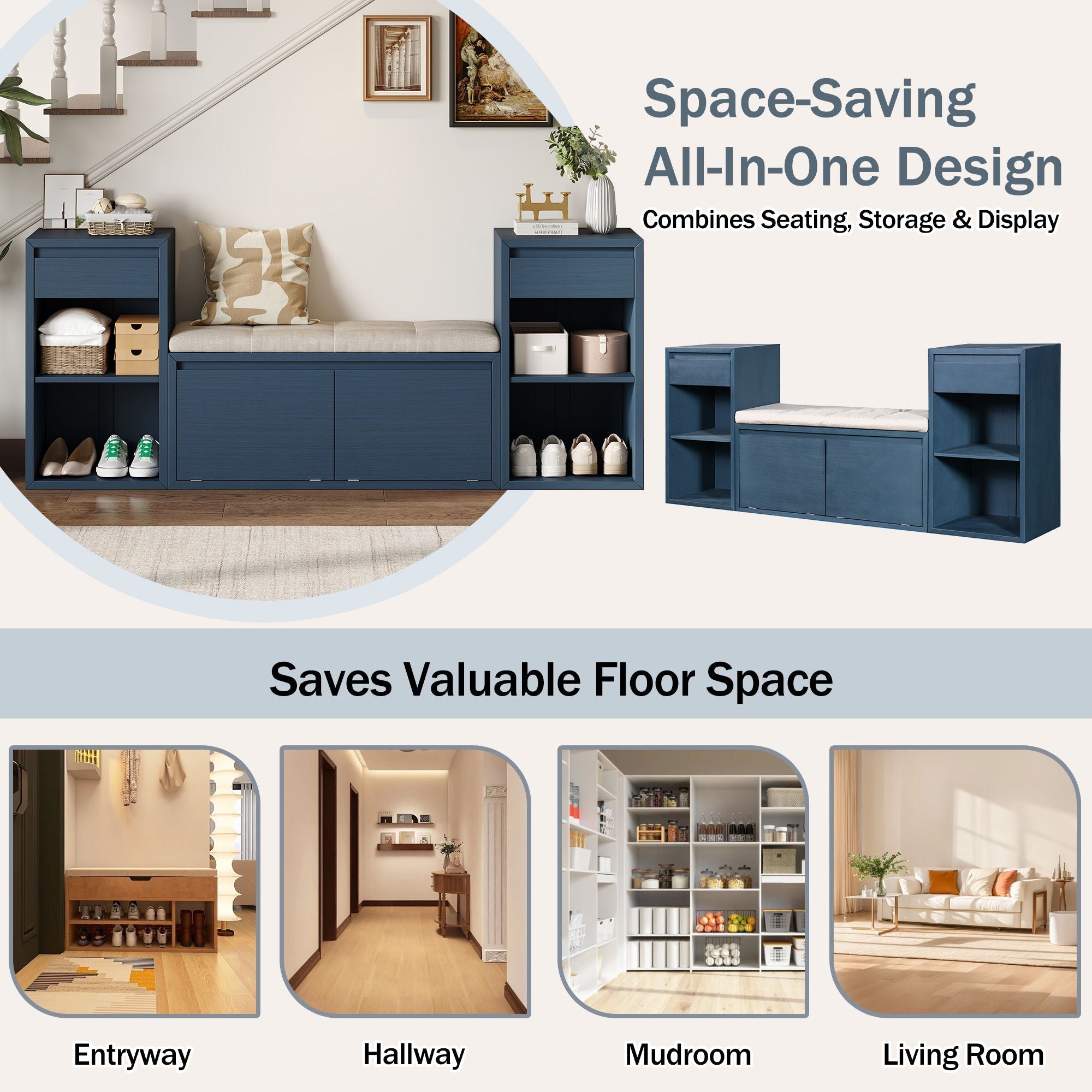 Entryway Storage Bench With Cushion, Drawers & Open Shelves by Unique Piece Furniture