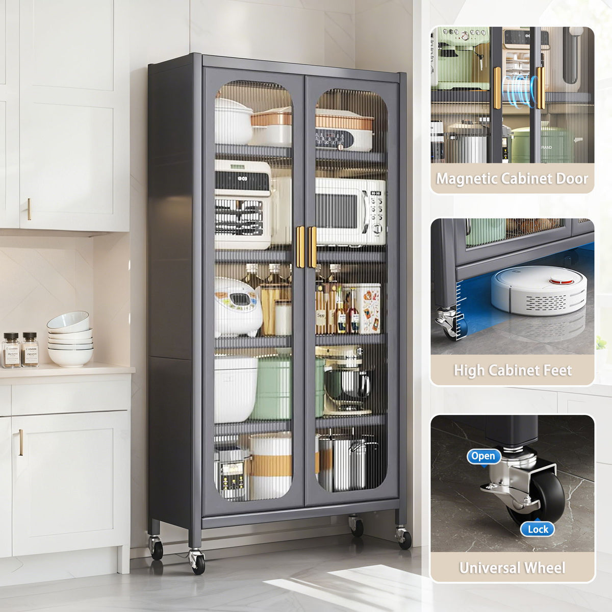 6 Tier Storage Cabinet With Transparent Door, Adjustable Shelves & Wheels by Unique Piece Furniture