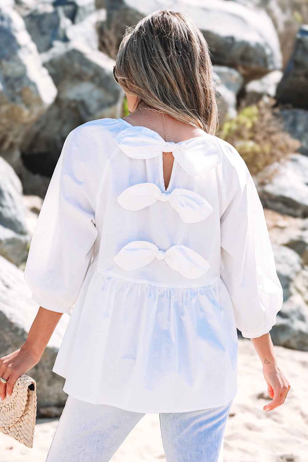 White Bow Knot Cutout Back Loose Fit 3/4 Sleeve Blouse by Dear-Lover Dropshipping