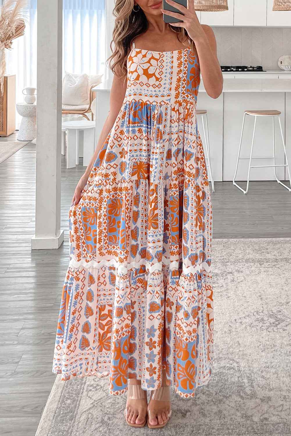 Orange Floral Print Ricrac Trim Spaghetti Straps Maxi Dress by Wild and Free Boutique