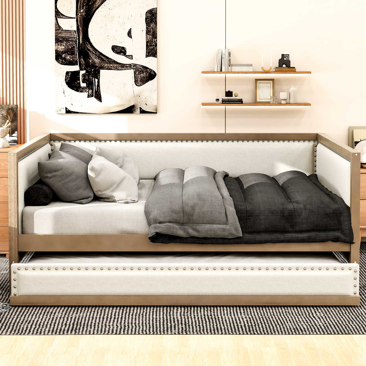 Full Size Daybed With Trundle And Nailhead Decoration - Wood by Unique Piece Furniture