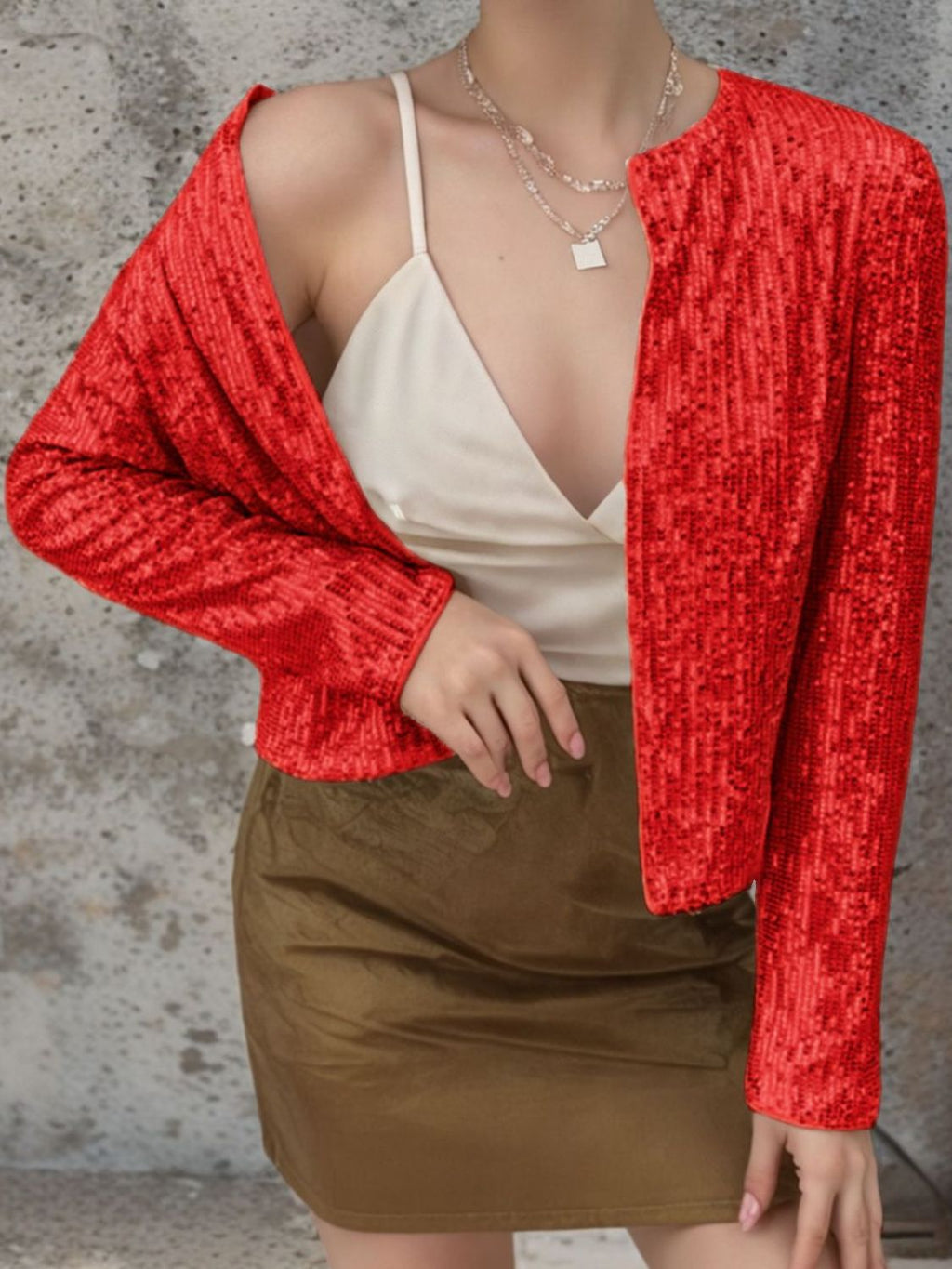 Full Size Sequin Open Front Cropped Jacket by Wild and Free Boutique