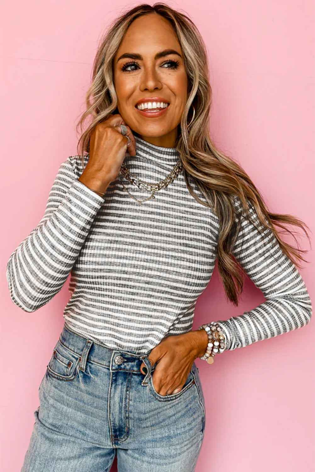 Gray Stripe Ribbed High Neck Slim Fit Long Sleeve Top by Wild and Free Boutique