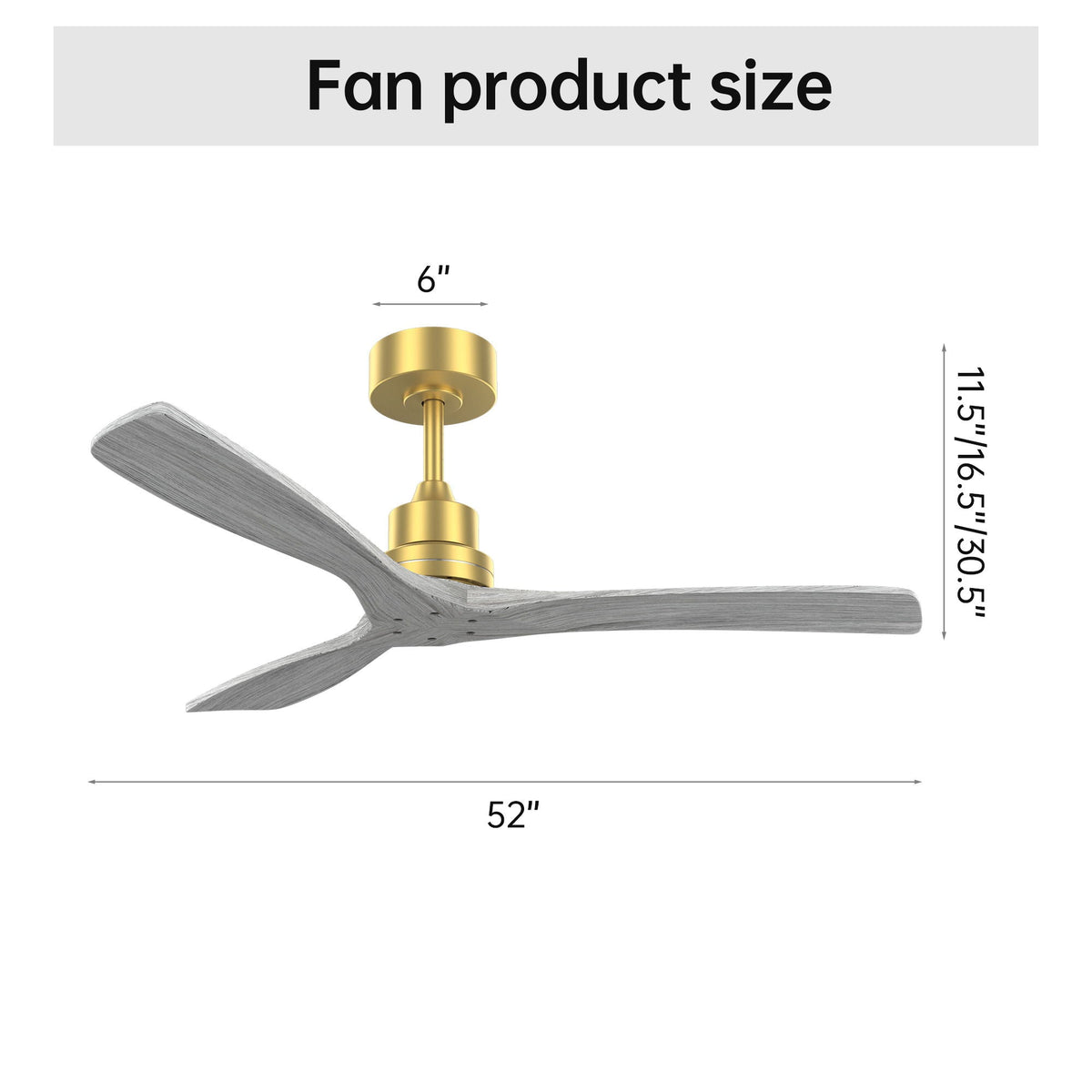 Indoor Ceiling Fan Without Light 3 Solid Wood Blades Remote Control Reversible Dc Motor - Gold by Unique Piece Furniture