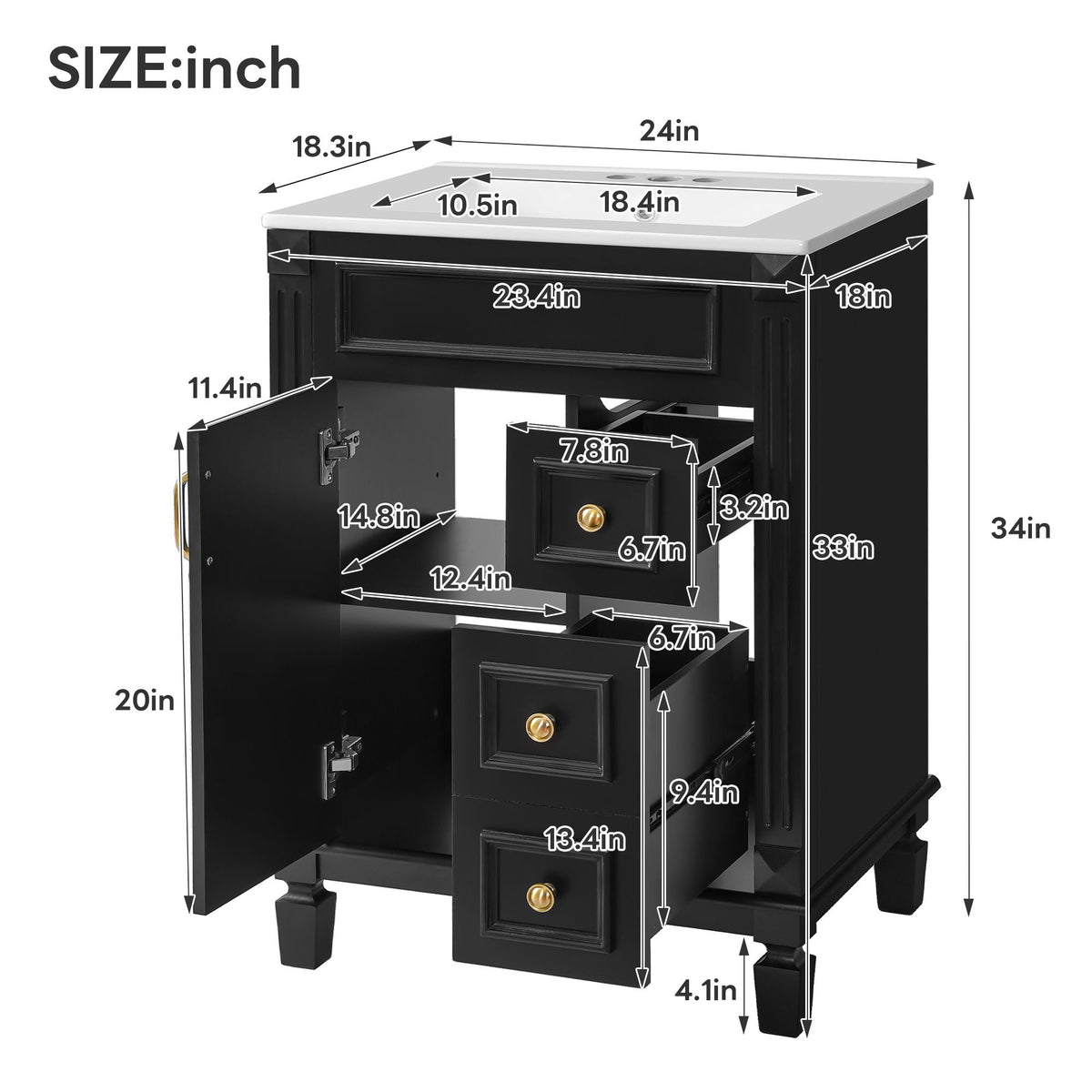 Bathroom Vanity With Sink, Compact Cabinet & 2 Drawers And Adjustable Shelf by Unique Piece Furniture
