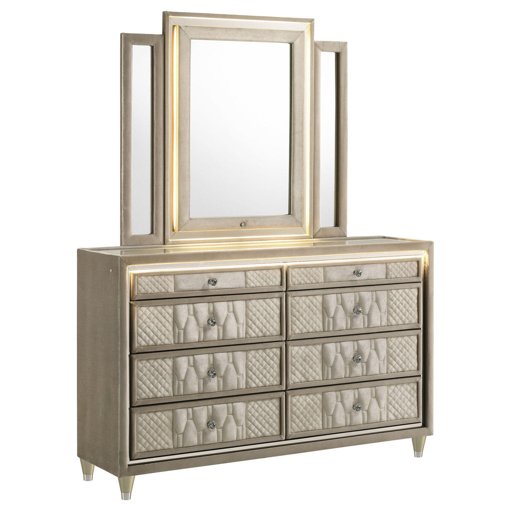Lorient 8-drawer LED Dresser with Mirror Ivory and Camel by Unique Piece Furniture