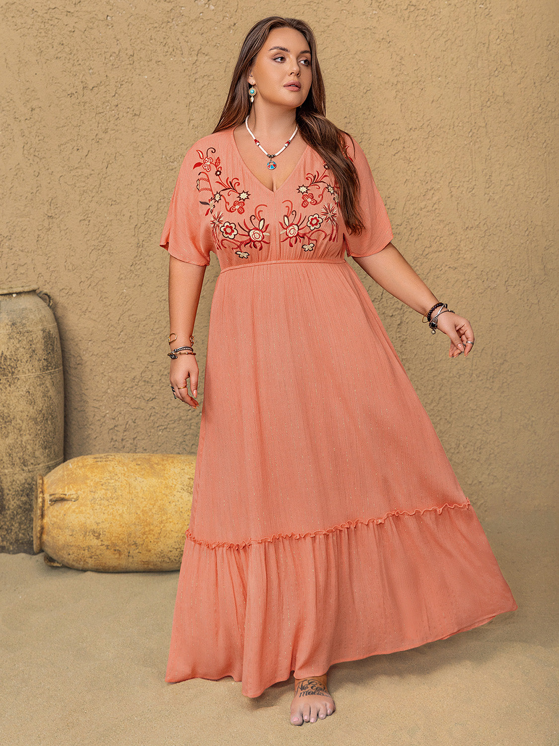 Plus Size Frill Embroidered V-Neck Half Sleeve Maxi Dress by Wild and Free Boutique
