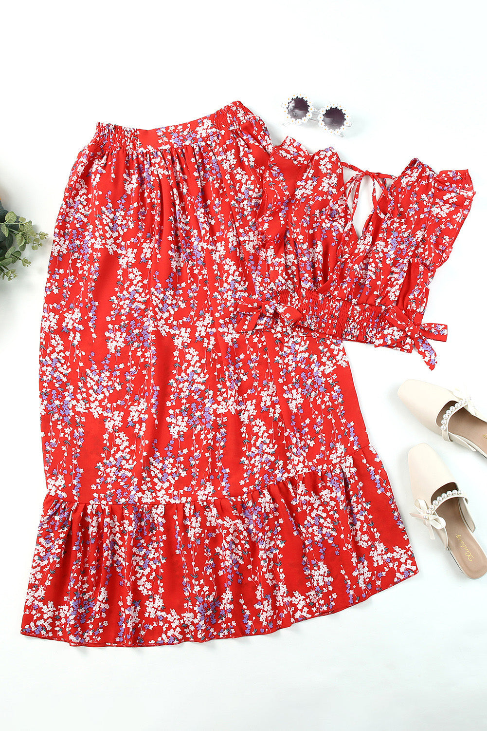 Black Multicolor Floral Ruffled Crop Top and Maxi Skirt Set by Wild and Free Boutique