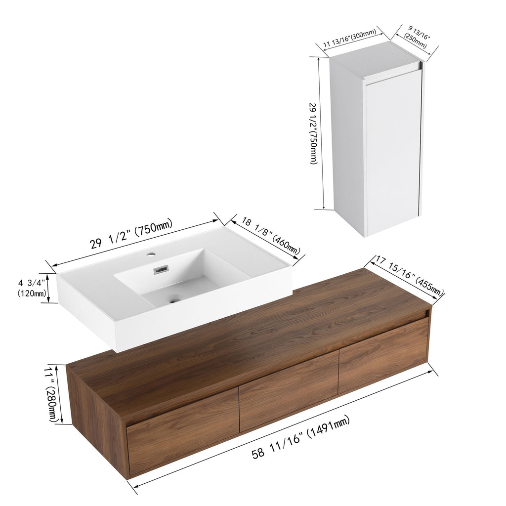 Modern Wall Mounted Bathroom Vanity With Resin Sink And Side Cabinet - Brown Ebony by Unique Piece Furniture