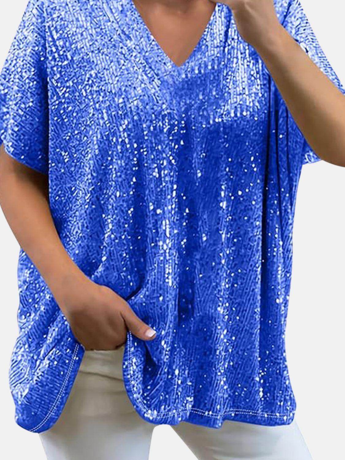 Full Size Sequin V-Neck Short Sleeve Top for Women by Selvanelle