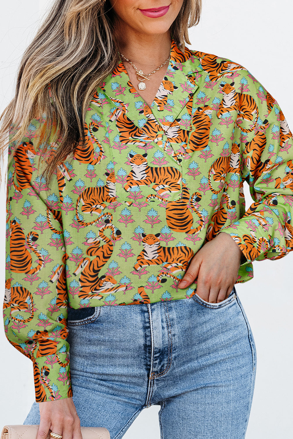 Green Tiger Floral Printed Collared V Neck Casual Shirt by Dear-Lover Dropshipping