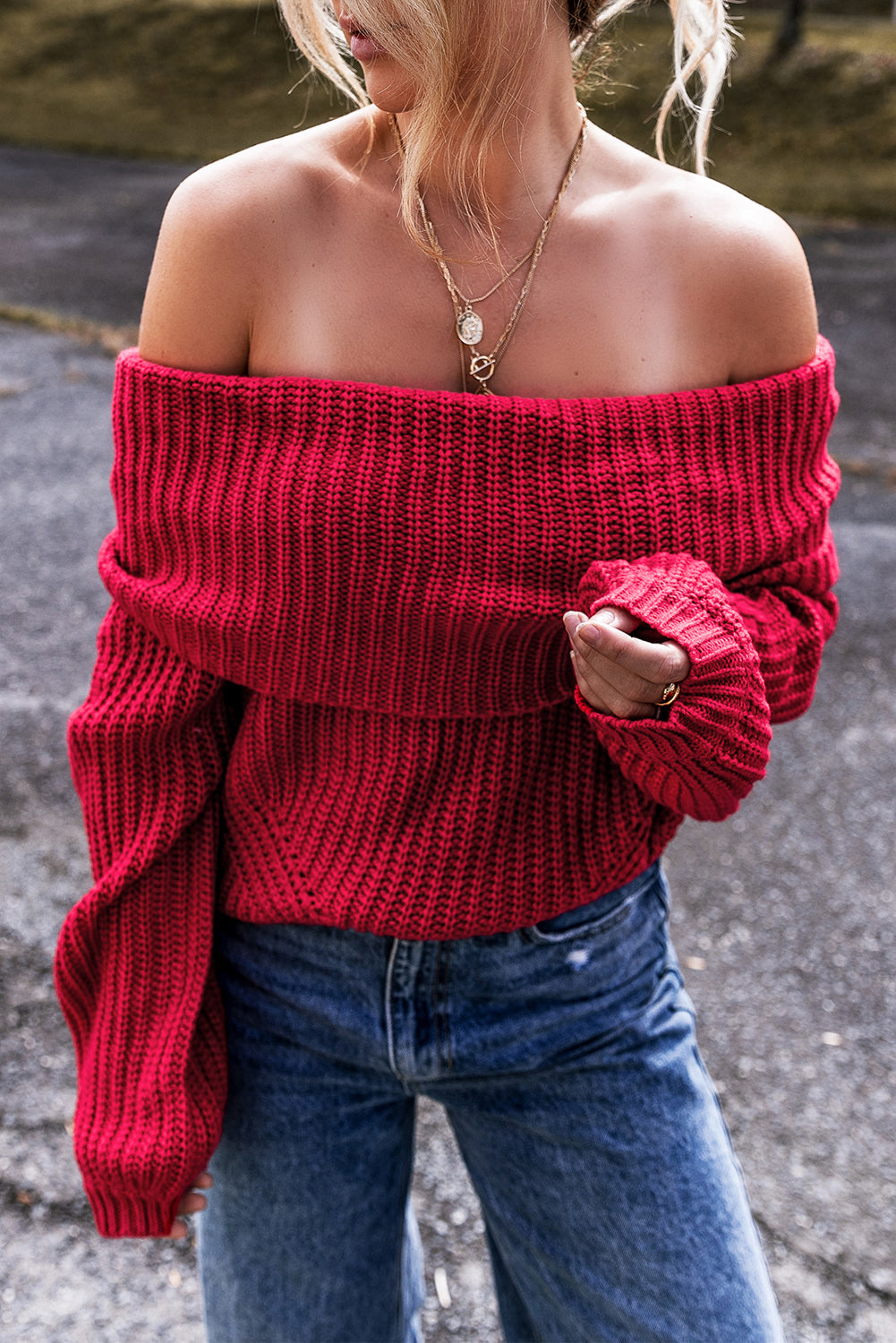 Racing Red Off-the-shoulder Knit Sweater by Dear-Lover Dropshipping