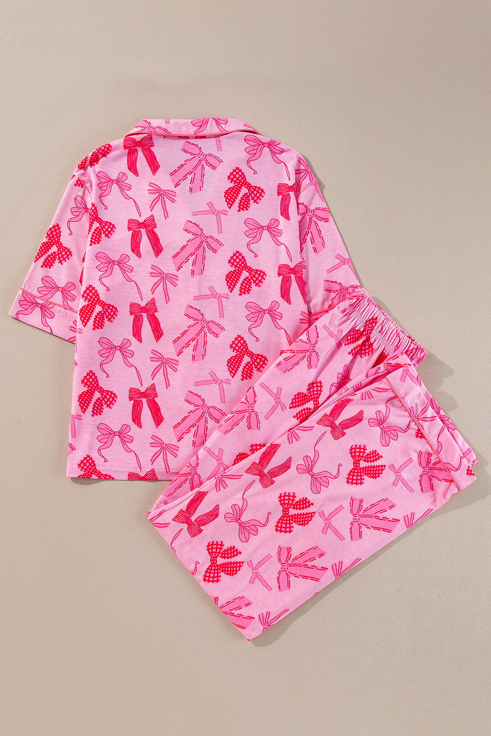 Pink Bow Knot Print Lapel Collar Short Sleeve and Pants Pajamas Set by Dear-Lover Dropshipping