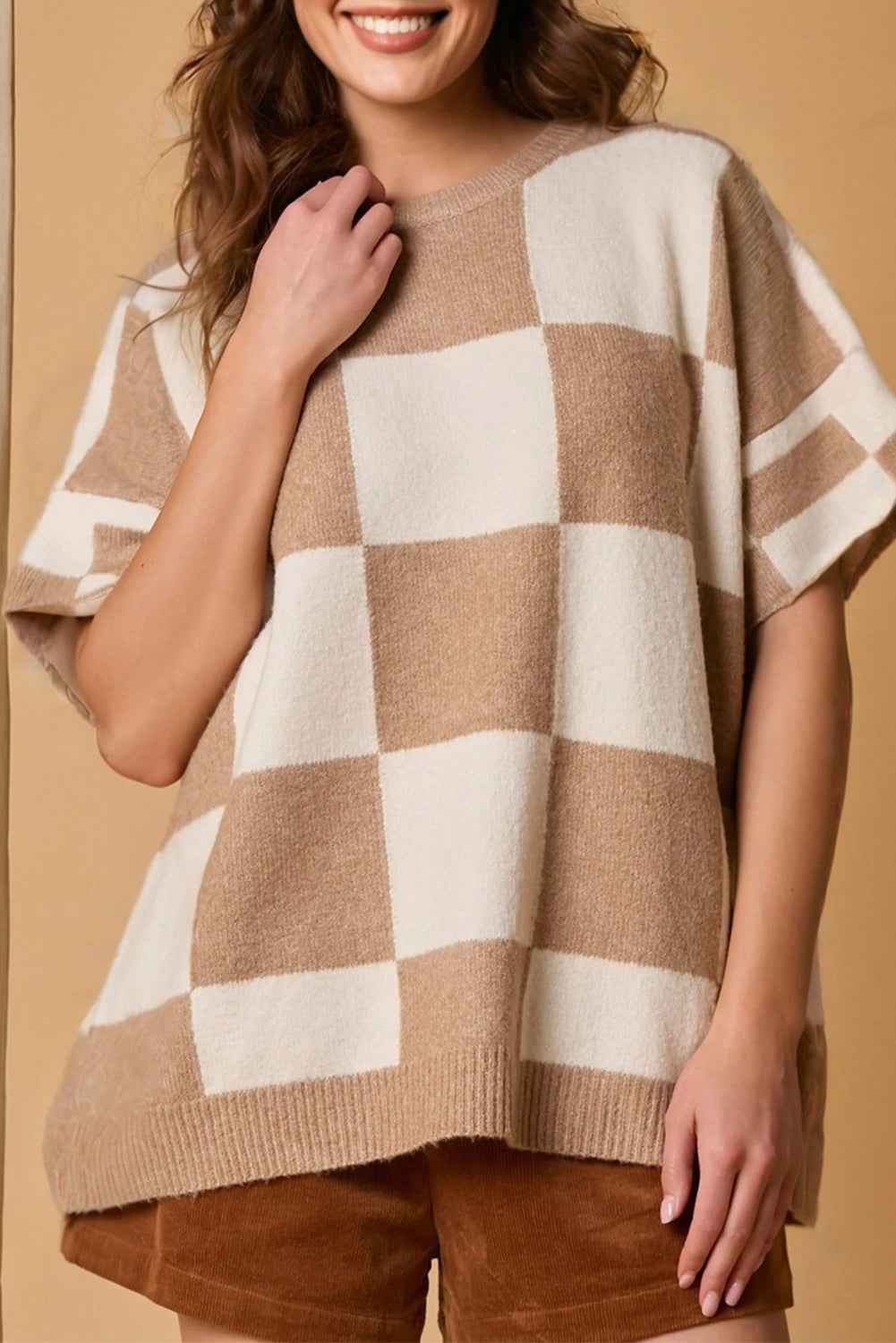 Light French Beige Checkered Pattern Loose Drop Shoulder Half Sleeve Sweater by Wild and Free Boutique