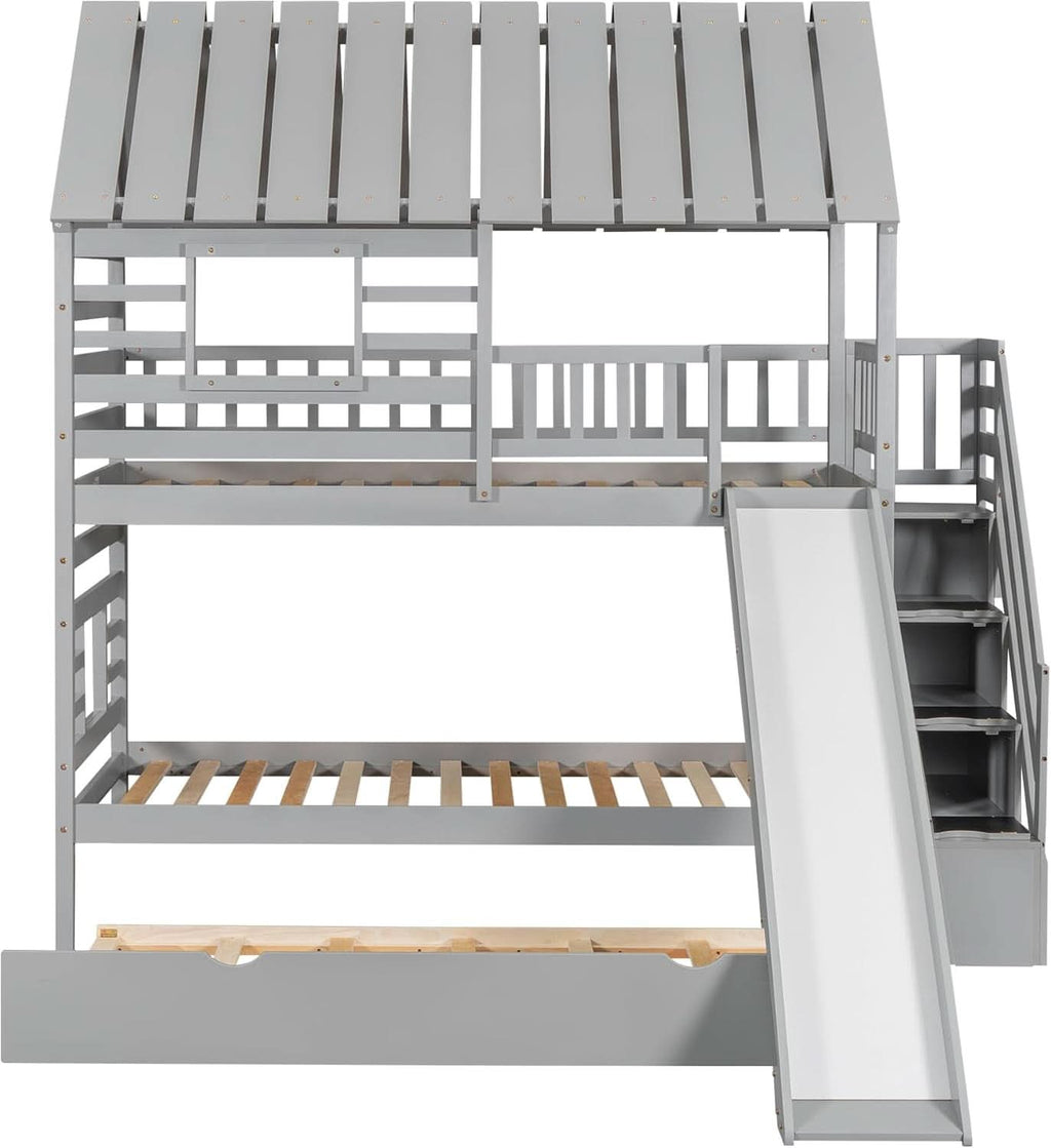 Twin Over Twin Bunk Bed With Slide For Kids Room Decor by ShipItFurniture