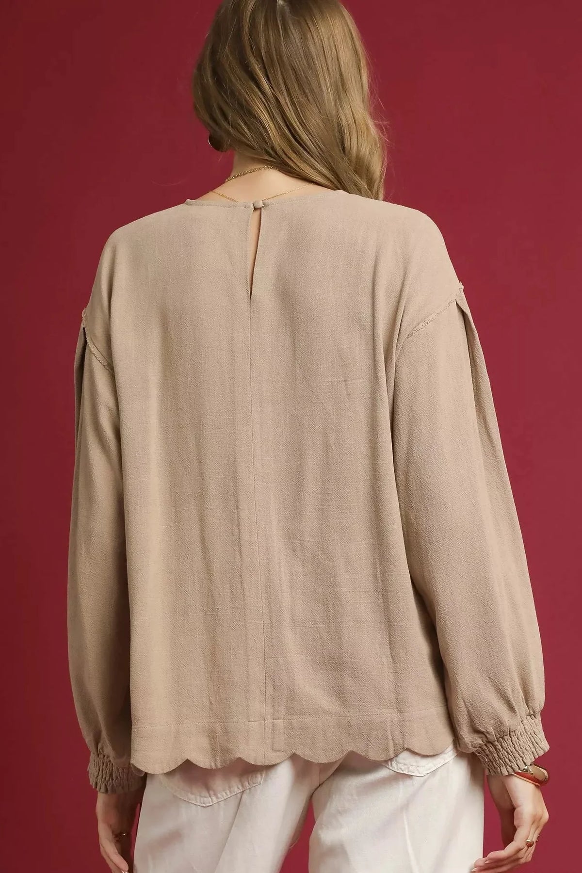 Umgee Linen Scallop Hem Long Sleeve Blouse | Fitiquefit by FitiqueFit