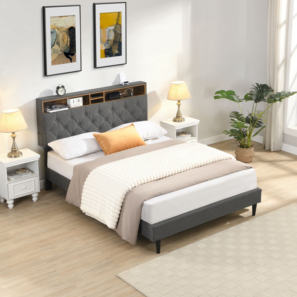 Modern Upholstered Platform Bed Frame With Button Tufted Headboard And USB Ports by Unique Piece Furniture