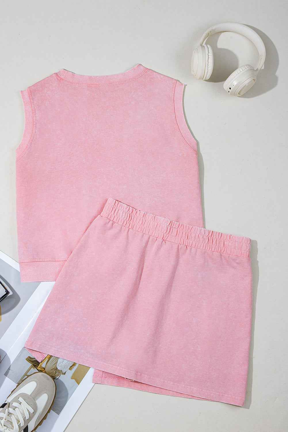 Light Pink 2 Pieces Mineral Wash Cotton Tank Top Lined Split Skirt Set by Wild and Free Boutique
