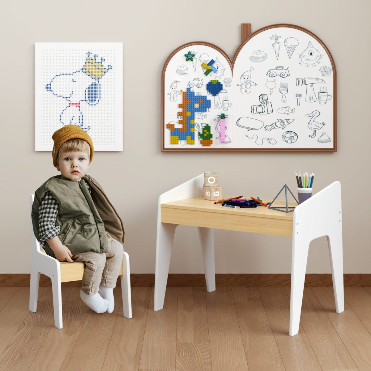 Table Set With 1 Chair, Children Study Table For Ages 2 - 8 - White by Unique Piece Furniture