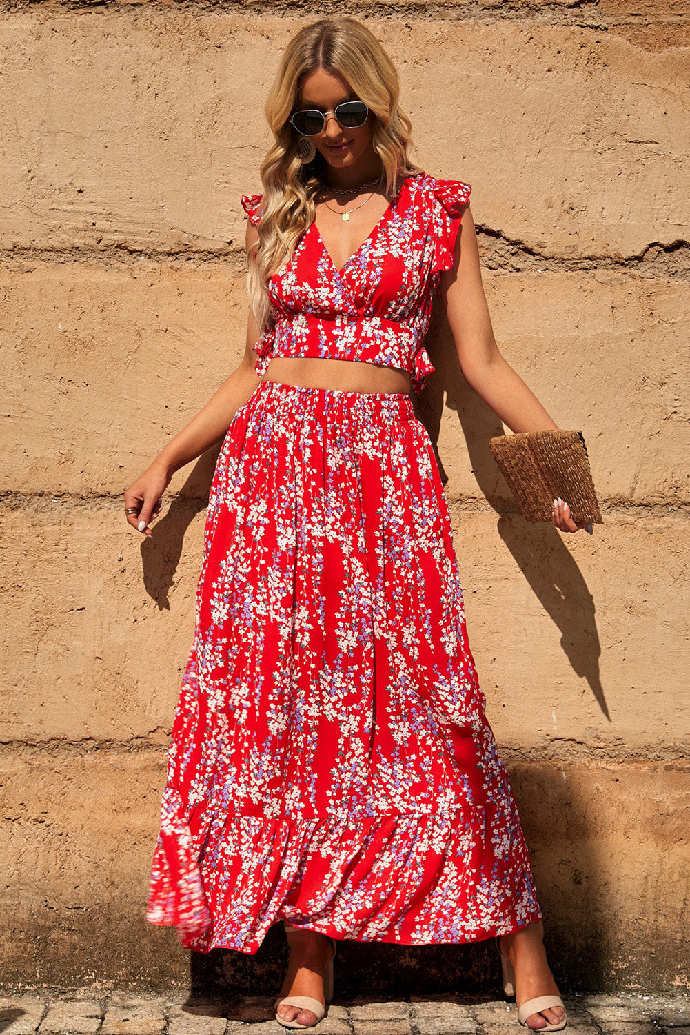 Black Multicolor Floral Ruffled Crop Top and Maxi Skirt Set by Wild and Free Boutique