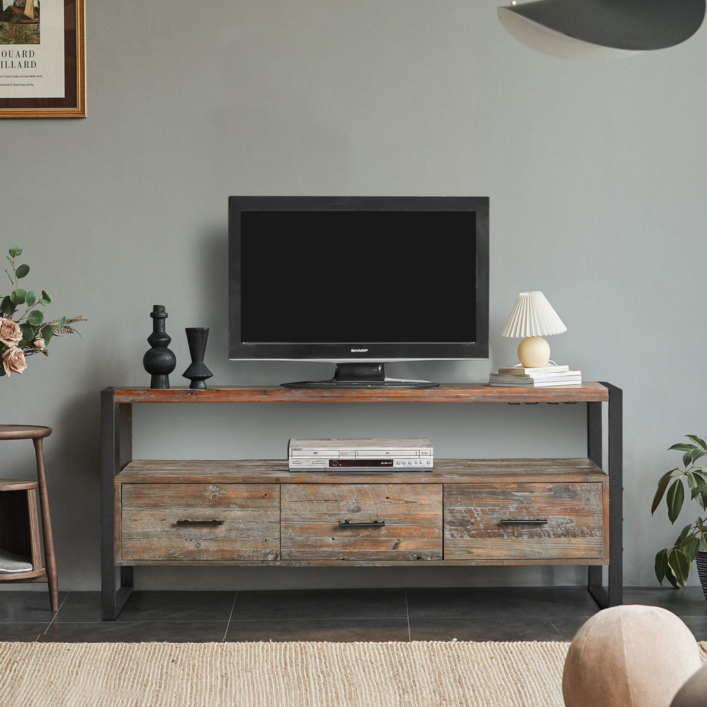 Reclaimed Wood Media TV Console Table With 3 Drarwer, Open Shelf - Antique Gray by Unique Piece Furniture