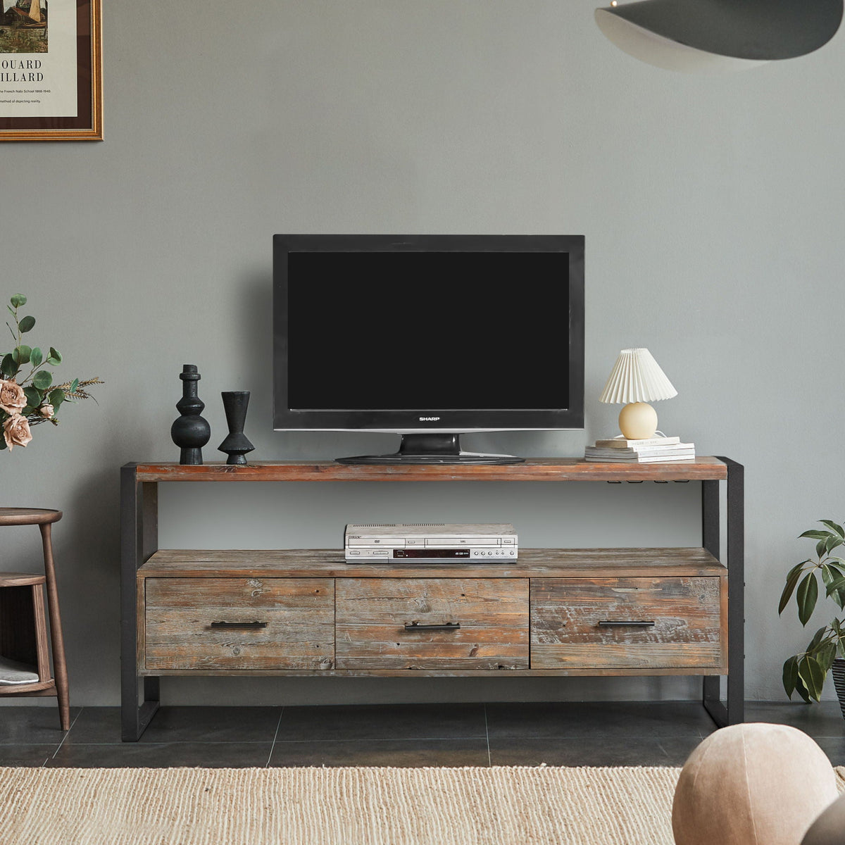 Reclaimed Wood Media TV Console Table With 3 Drarwer, Open Shelf - Antique Gray by Unique Piece Furniture
