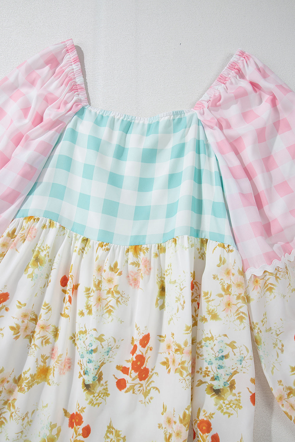 Pink Ric Rac Plaid Floral Print Patchwork Bubble Sleeve Dress by Wild and Free Boutique