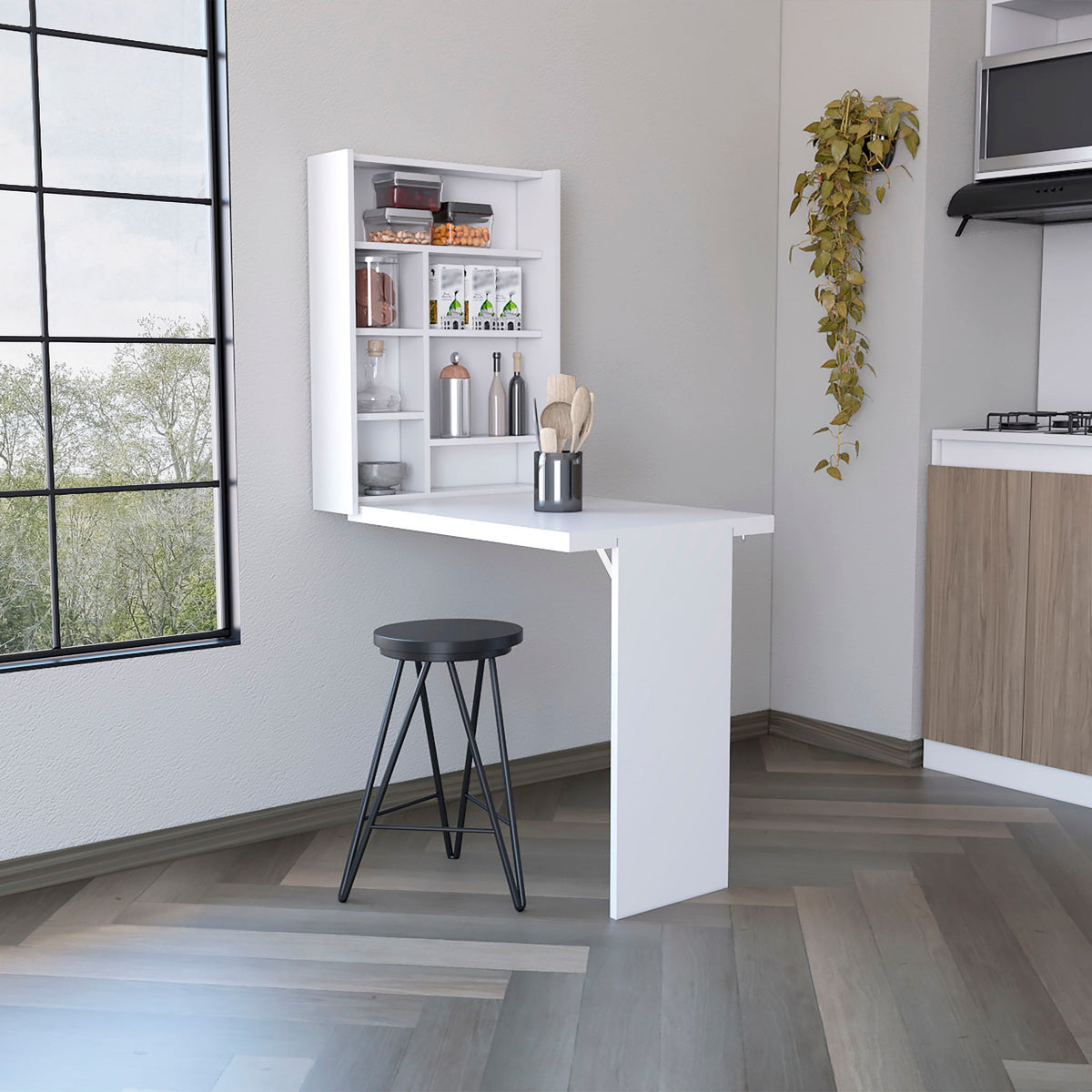 Wall Foldable Table With Multiple Shelves - White by Unique Piece Furniture