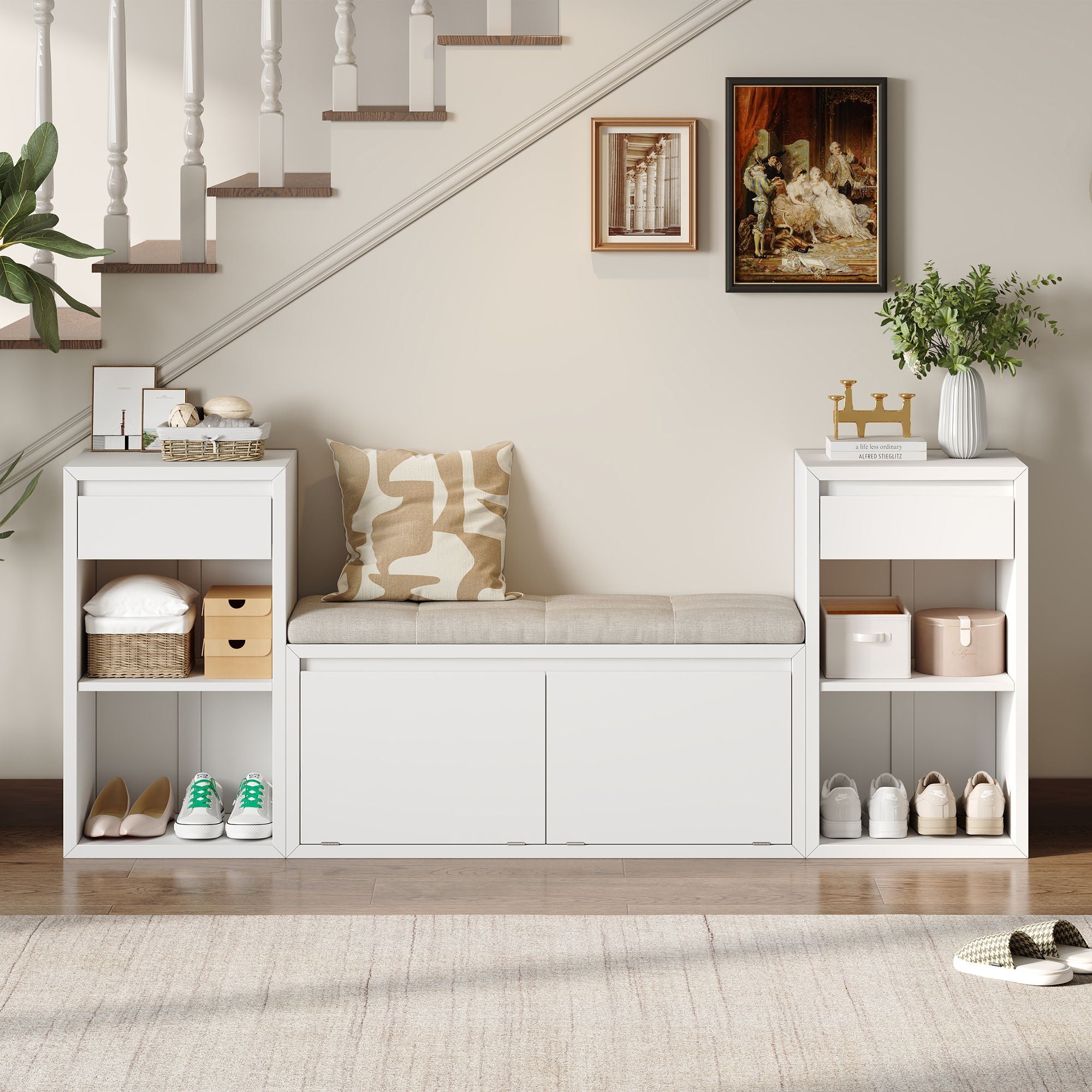 Entryway Storage Bench With Cushion, Drawers & Open Shelves by Unique Piece Furniture