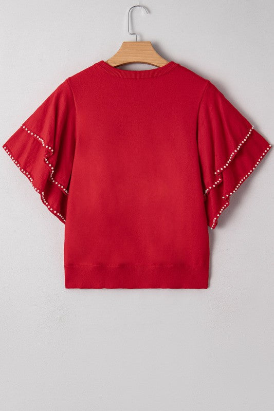 Solid Pearl Embellished Ruffle Sleeve Sweater by The Diamond Empire LLC