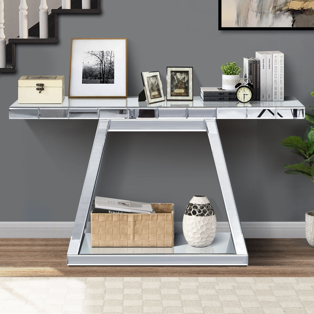 Modern Luxe Full Body Mirror Entryway Table With Trapezoid Base, 360° Reflective Console, Scratch Resistant, Open Storage - Silver by Unique Piece Furniture