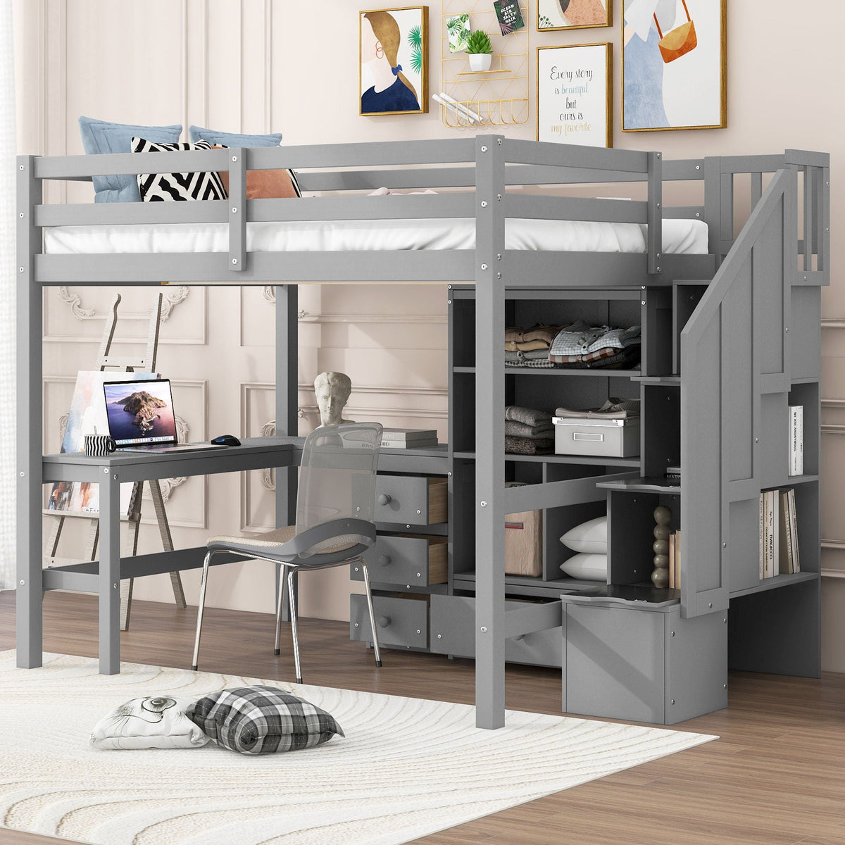 Loft Bed & L Shaped Desk, Drawers, Cabinet, And Storage Staircase by Unique Piece Furniture