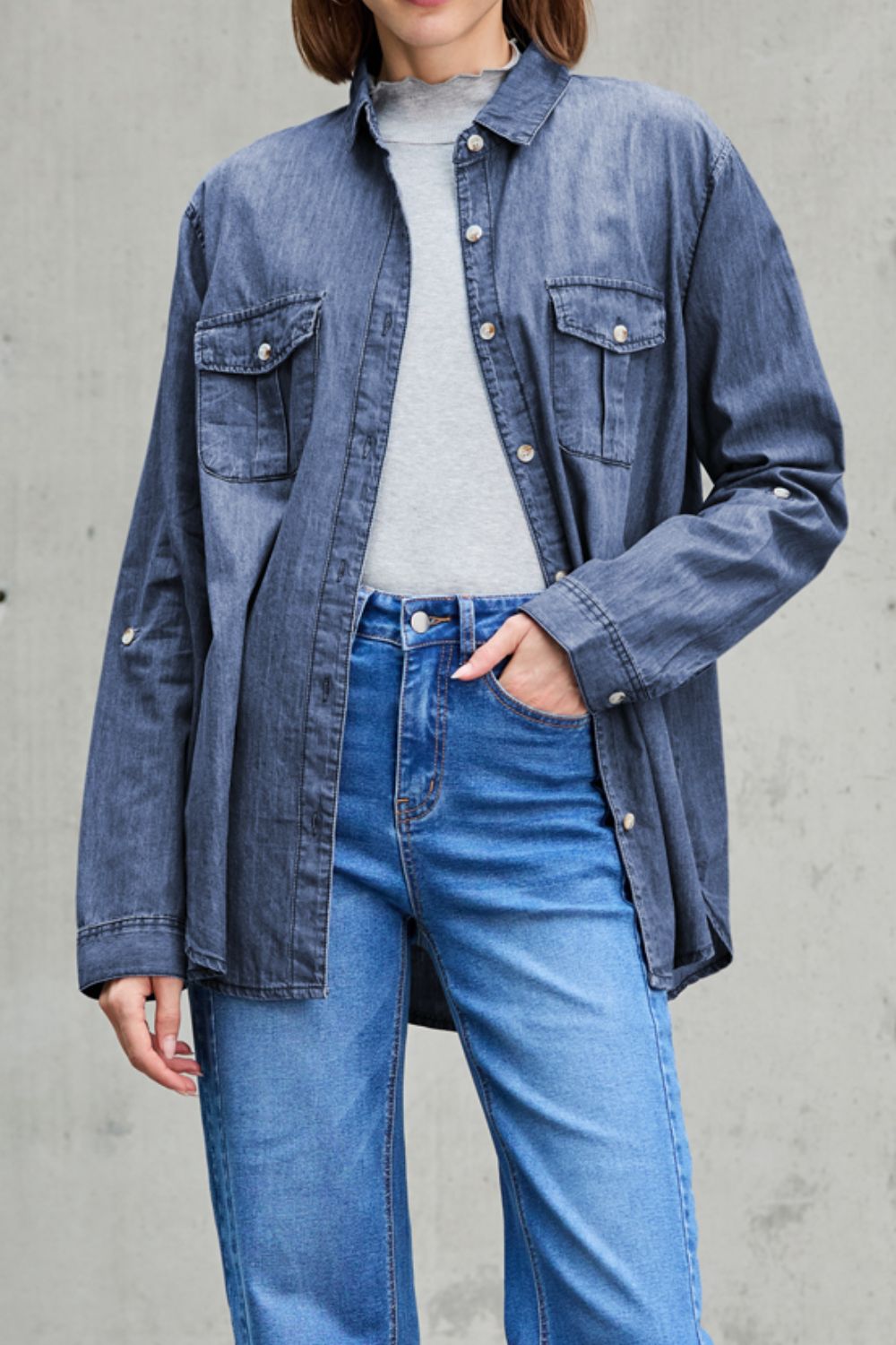 Pocketed Collared Neck Long Sleeve Denim Top by Wild and Free Boutique