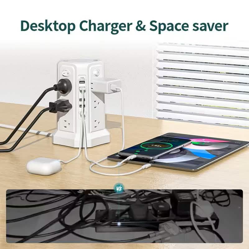 Surge Protector Tower 1800J with 4 USB A Ports, USB C (PD18W) Port, 12 AC Outlets and 10FT Cord by DailySale