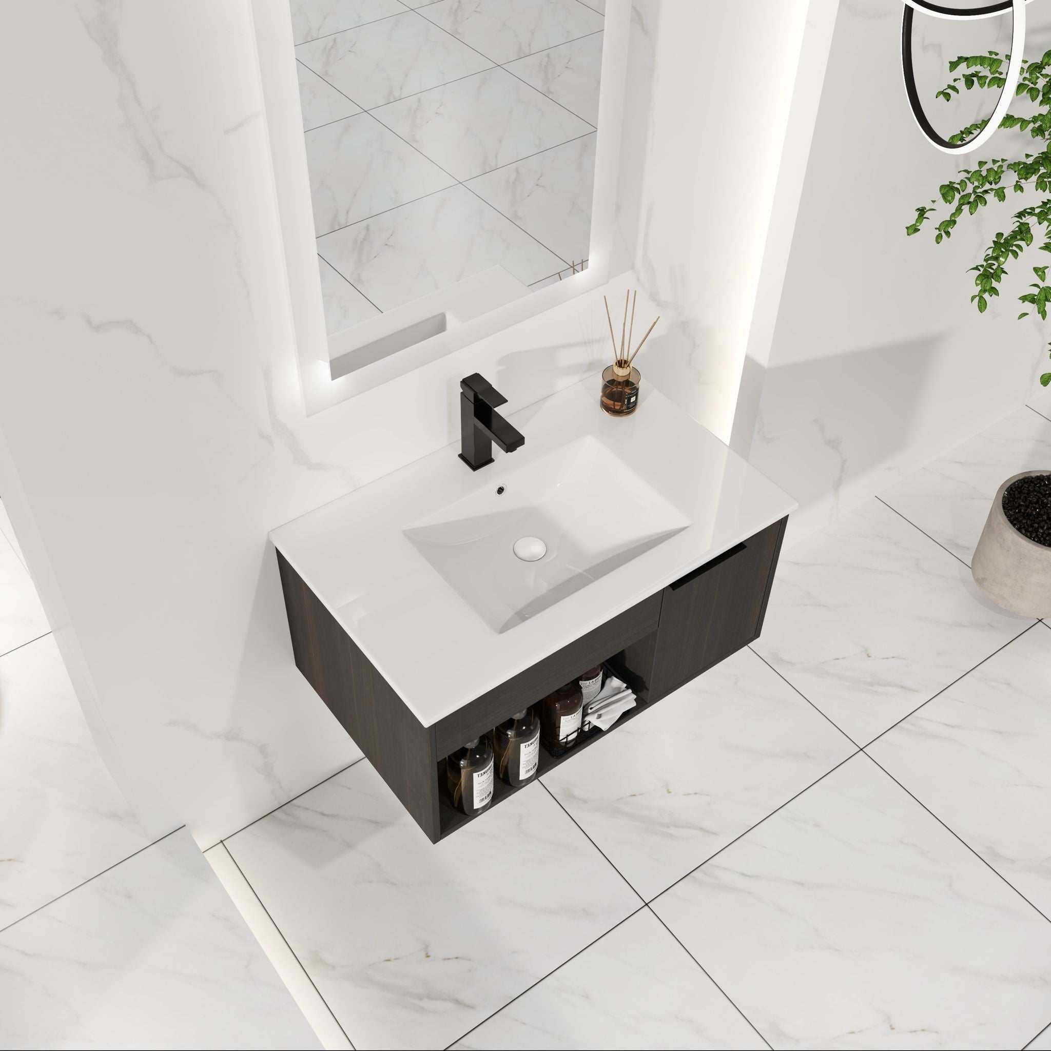 Wall Mounted Floating Bathroom Vanity With Open Shelf & Soft Close Door by Unique Piece Furniture