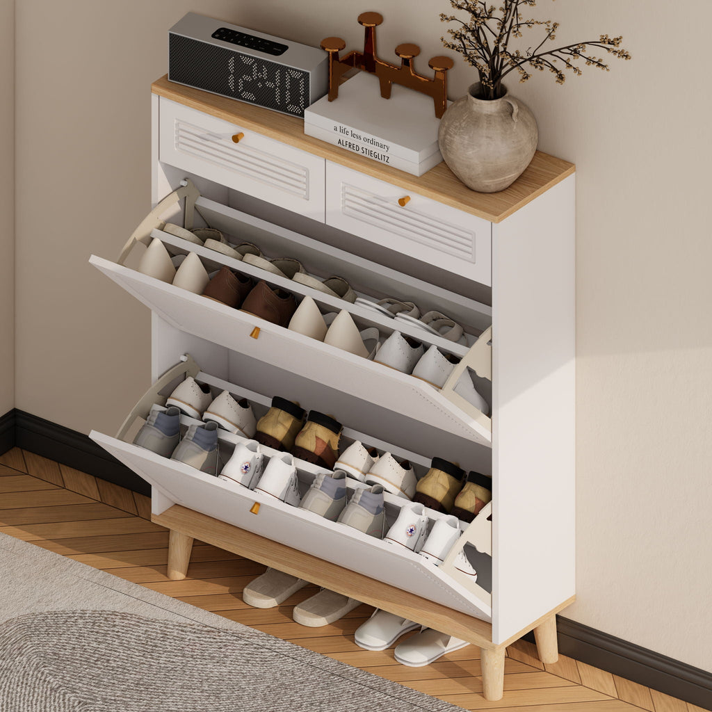 Modern Freestanding Shoe Cabinet With Flip Up Doors And Drawers, Compact Design For Entryway - White Natural by Unique Piece Furniture