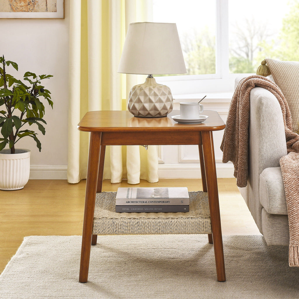 Mid - Century Square Side Table With Woven Shelf - Walnut by Unique Piece Furniture