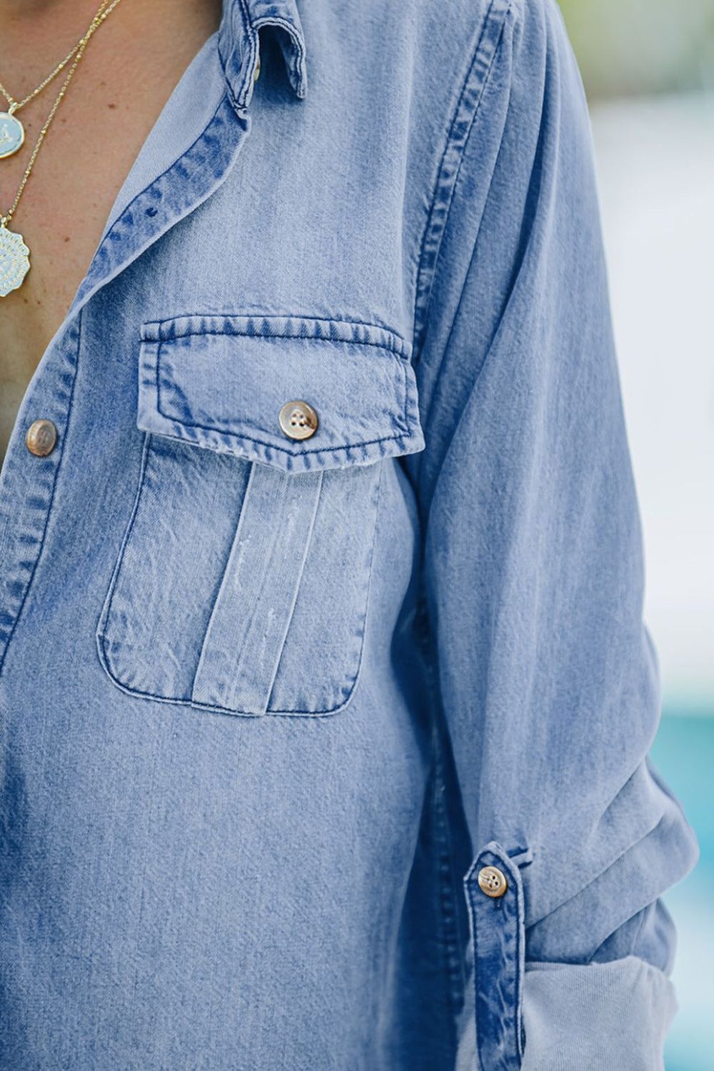 Pocketed Collared Neck Long Sleeve Denim Top by Wild and Free Boutique