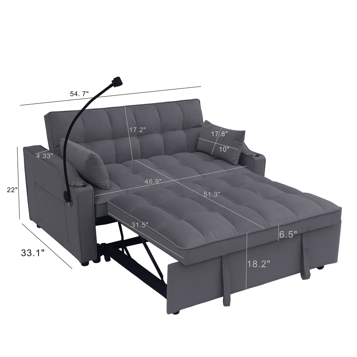 Modern Loveseat Futon Sofa With Pullout Bed, Adjustable Reclining Backrest, Toss Pillows by Unique Piece Furniture