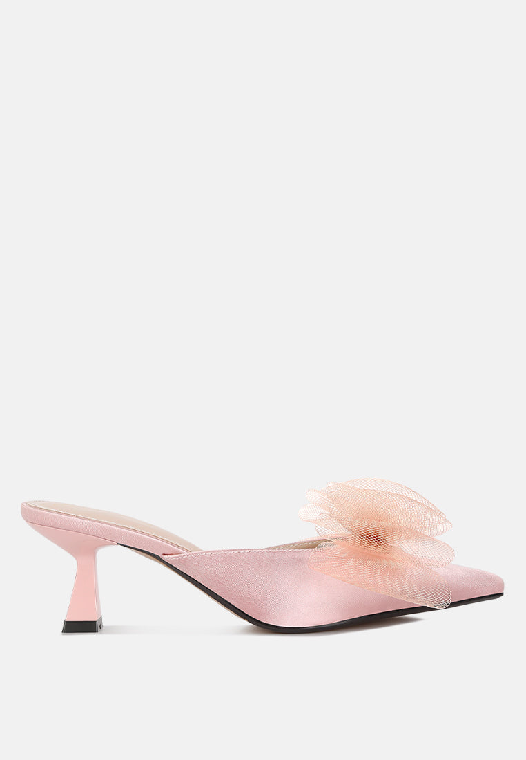 Asma Organza Bow Embellished Satin Mules by London Rag