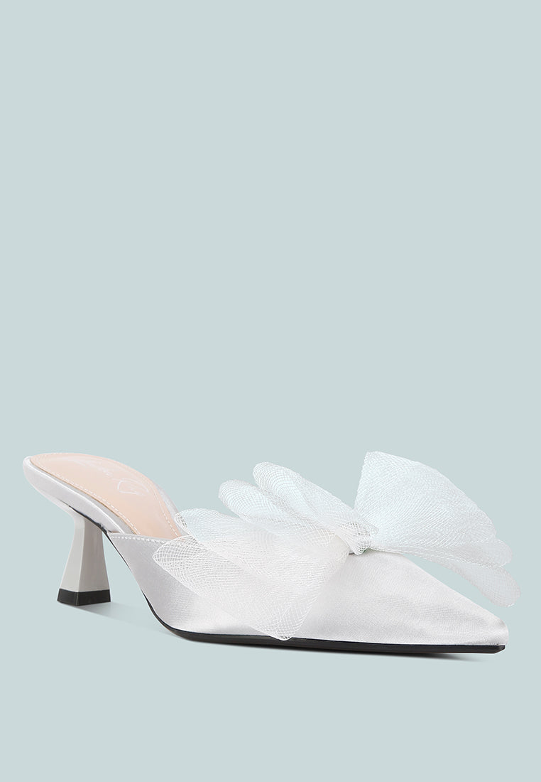 Asma Organza Bow Embellished Satin Mules by London Rag