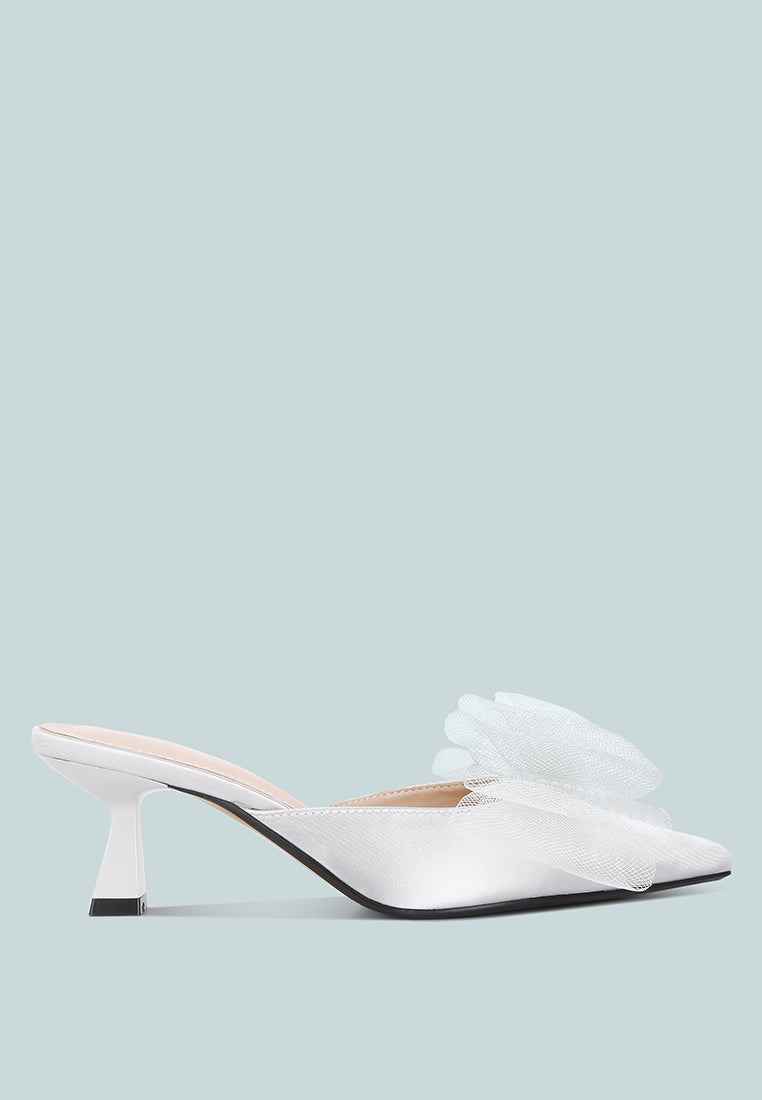 Asma Organza Bow Embellished Satin Mules by London Rag