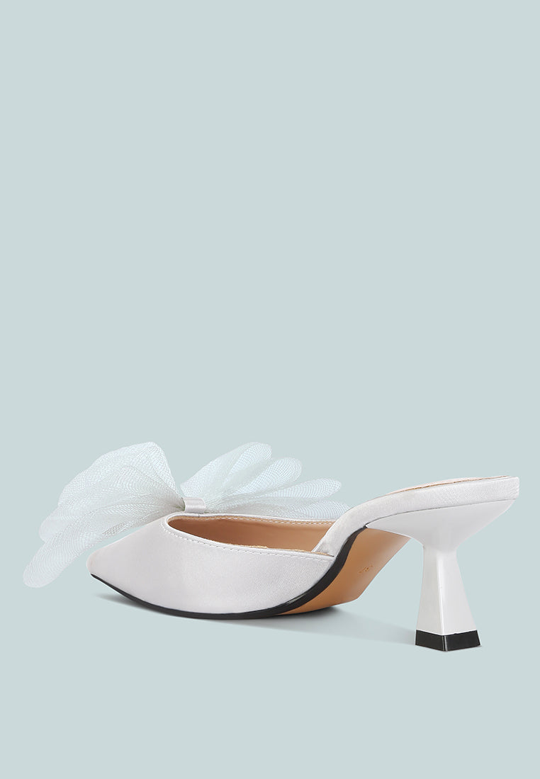 Asma Organza Bow Embellished Satin Mules by London Rag