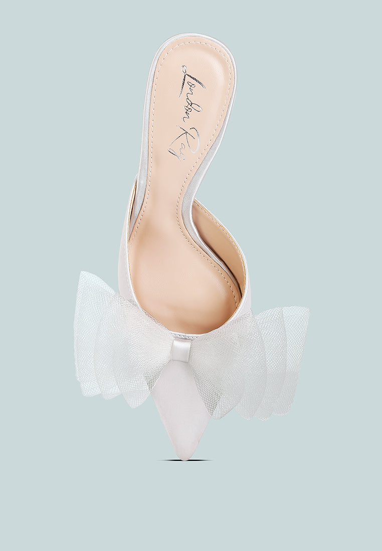Asma Organza Bow Embellished Satin Mules by London Rag