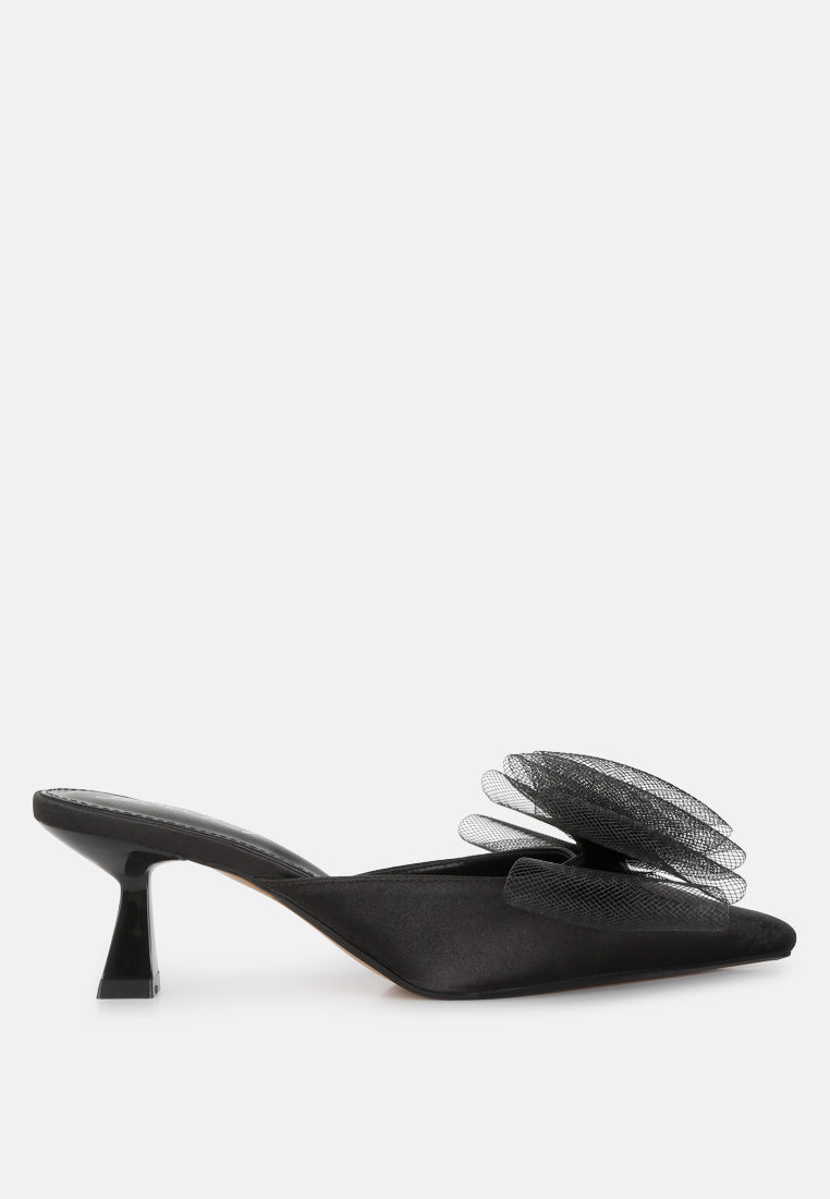 Asma Organza Bow Embellished Satin Mules by London Rag