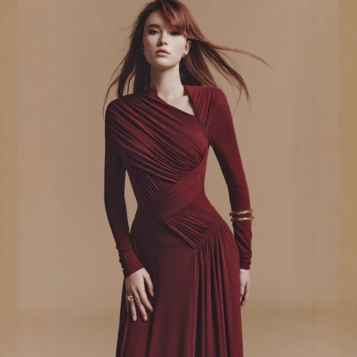 Asymmetric Ruched Gown with Diagonal Draping(MS262) by Mariam's Collection