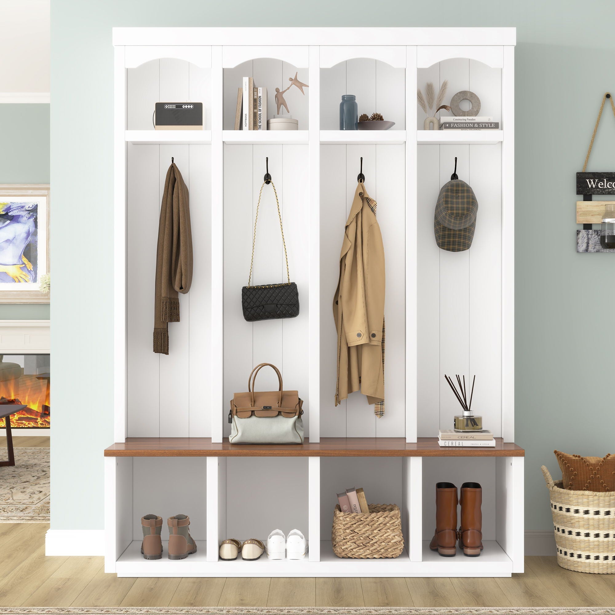 Entryway Hall Tree With Bench, 4 Hooks & Open Storage Space by Unique Piece Furniture