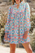 Sky Blue Abstract Printed Long Sleeve Tied Neckline Mini Dress by Wild and Free Boutique