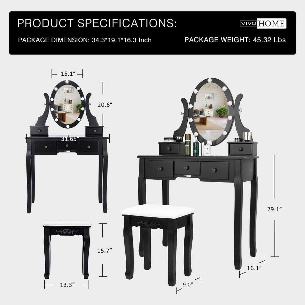 Three Color Dimmable LED Lighted Vanity Mirror Set With Built In Storage For Makeup Station by ShipItFurniture