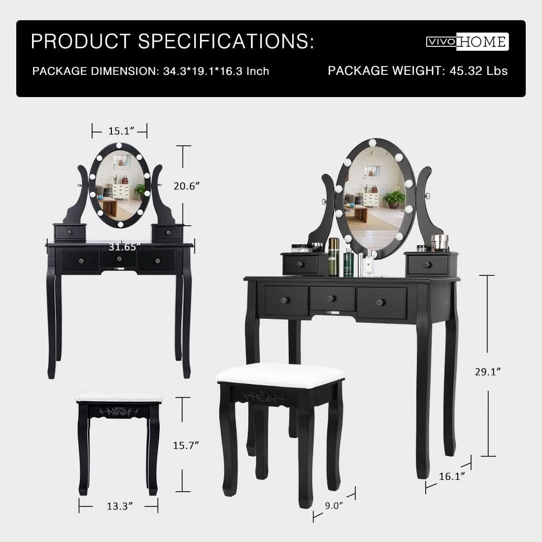 Three Color Dimmable LED Lighted Vanity Mirror Set With Built In Storage For Makeup Station by ShipItFurniture